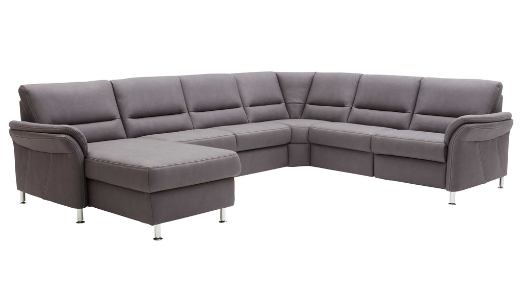 Graue Wohnlandschaft Modulmaster MM-ZE1049 – L-förmiges Sofa mit Chaiselongue und silbernen Metallbeinen.