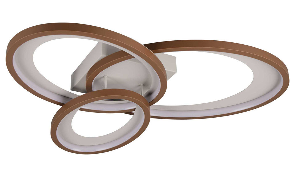 Deckenleuchte mit drei ineinander verschlungenen Ringen in braun und weiß, die von einer quadratischen Halterung abgehen.