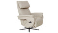 Beiger Relaxsessel mit ergonomischer Form, Kopfstütze und schwarzem, drehbarem Standfuß.