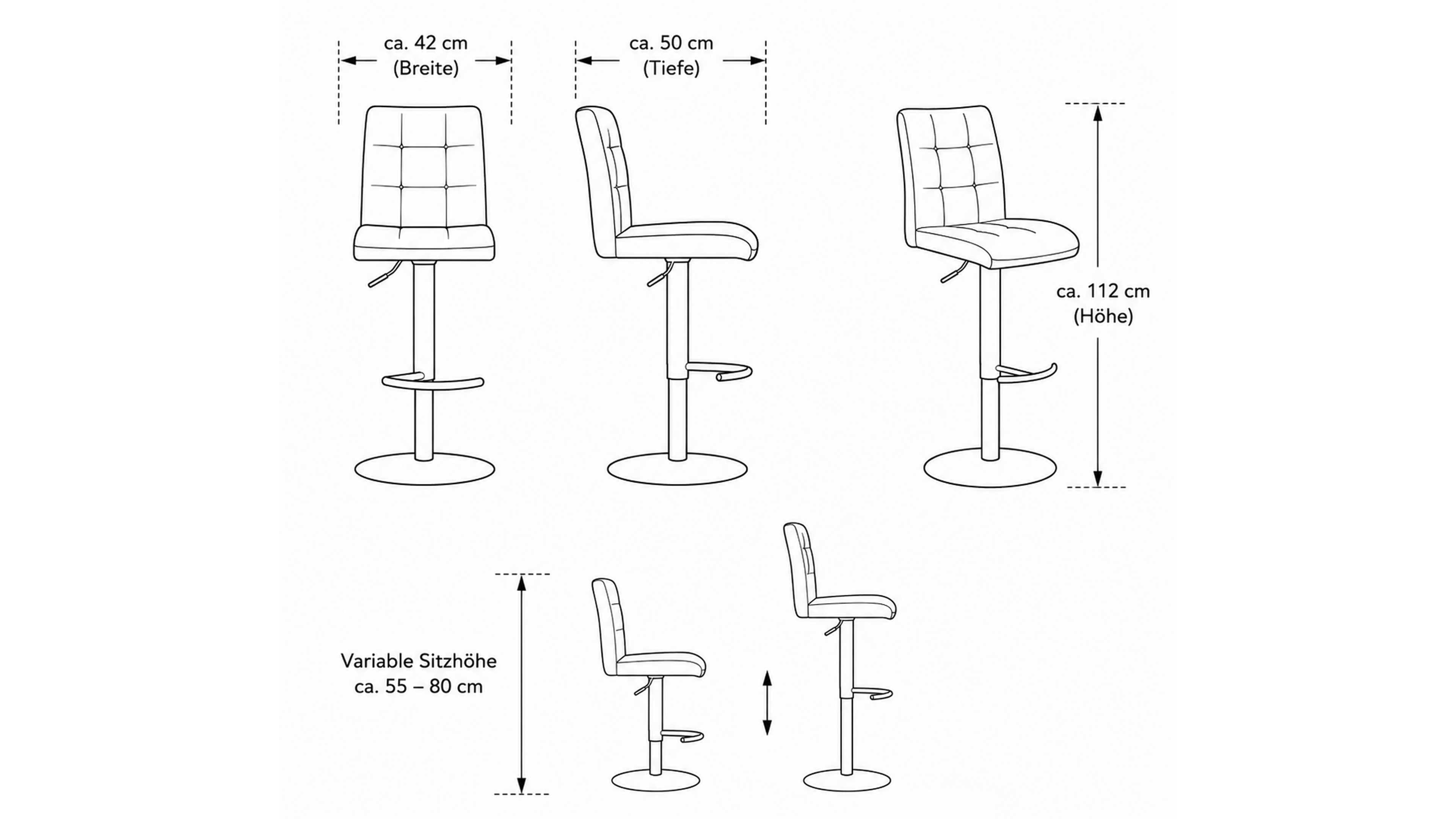 Interliving Serie 5104 Barhocker BILC, MWA | IL: drehbar, höhenverstellbar 55–80 cm, 42 × 50 × 112 cm.