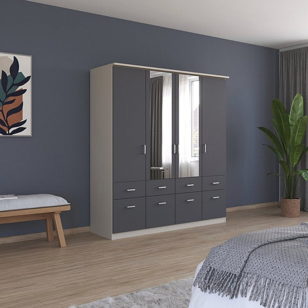 Viertüriger Kleiderschrank rauch BLUE von Bremen mit zwei mittig angeordneten Spiegeltüren und sechs unteren Schubladen.