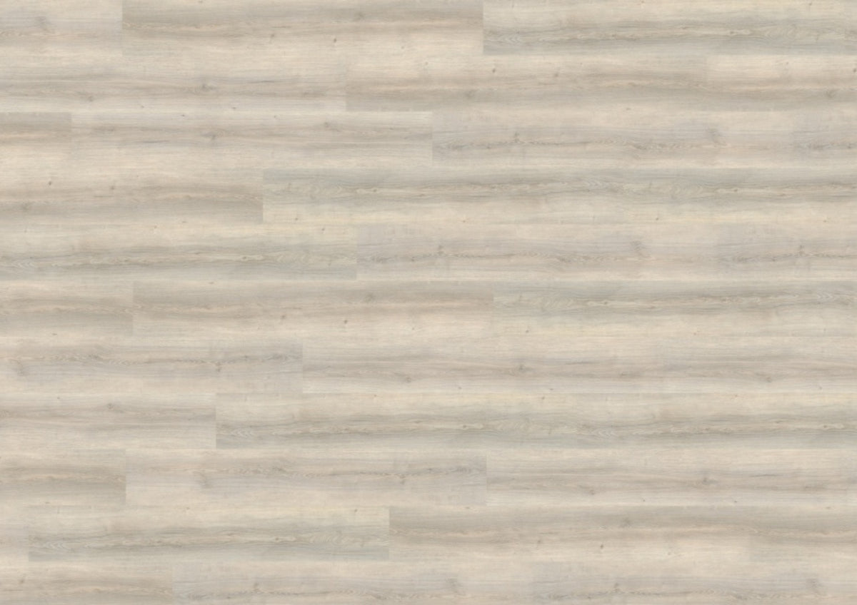 Hellgraues Holz: Wineo Designboden 400 Wood XL-Dielen mit Klickverbindung, horizontal verlegt für eine fugenlose, dezente Optik.