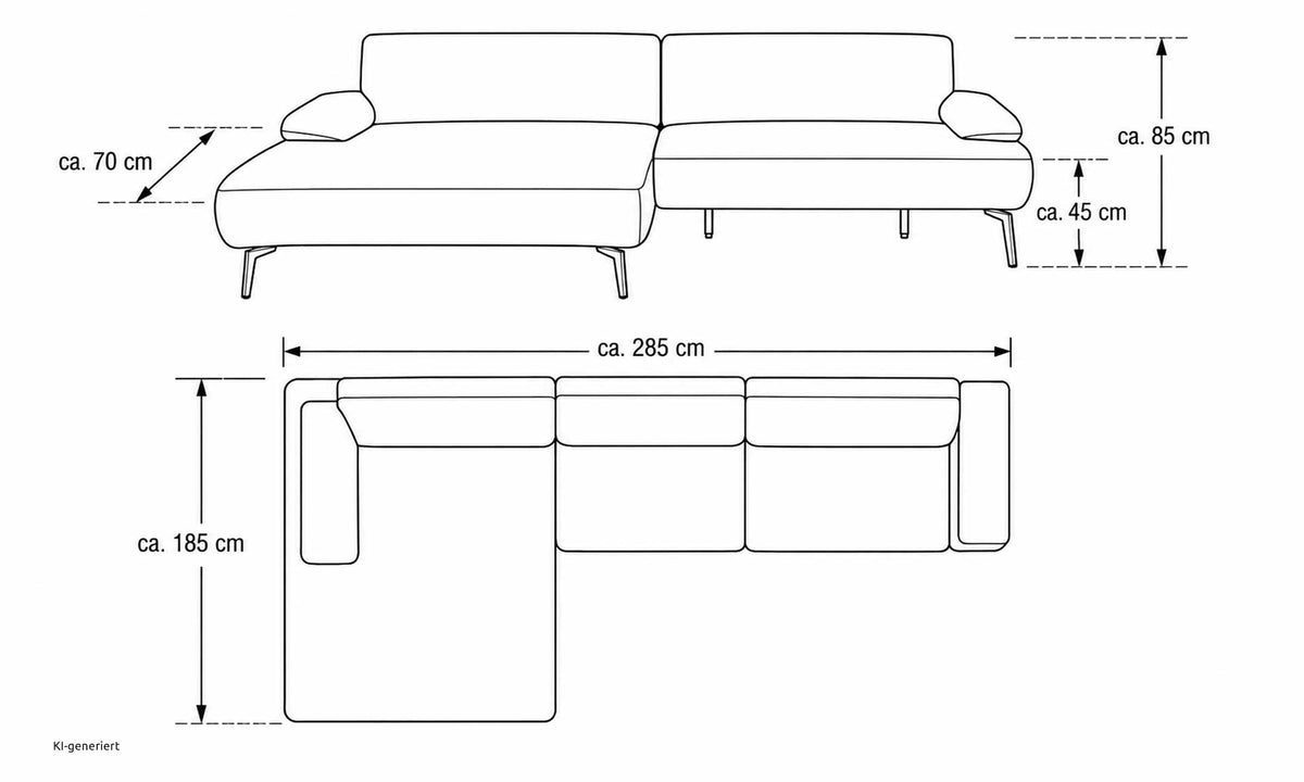 Strichzeichnung von ZEHDENICK | IL Interliving Sofa Serie 4306 Jubiläums-Edition Ecksofa, Maße: 285 × 185 × 70/45 cm.