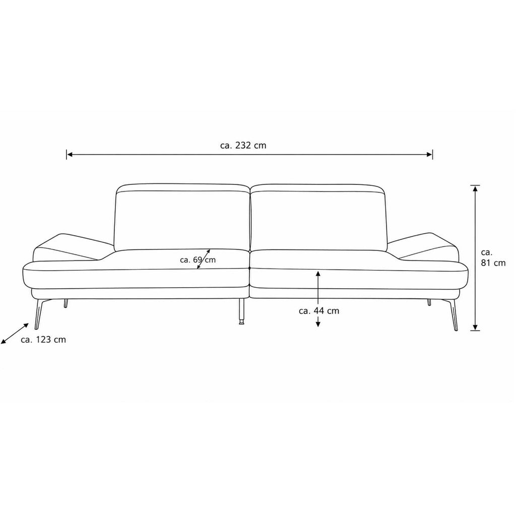 Strichzeichnung von Steinpol Polsteria | Das Zweisitzer-Sofa „IL“ von Interliving 4460, dunkelgrauer Stoff, schwarze Metallfüße, mit Maßangaben.