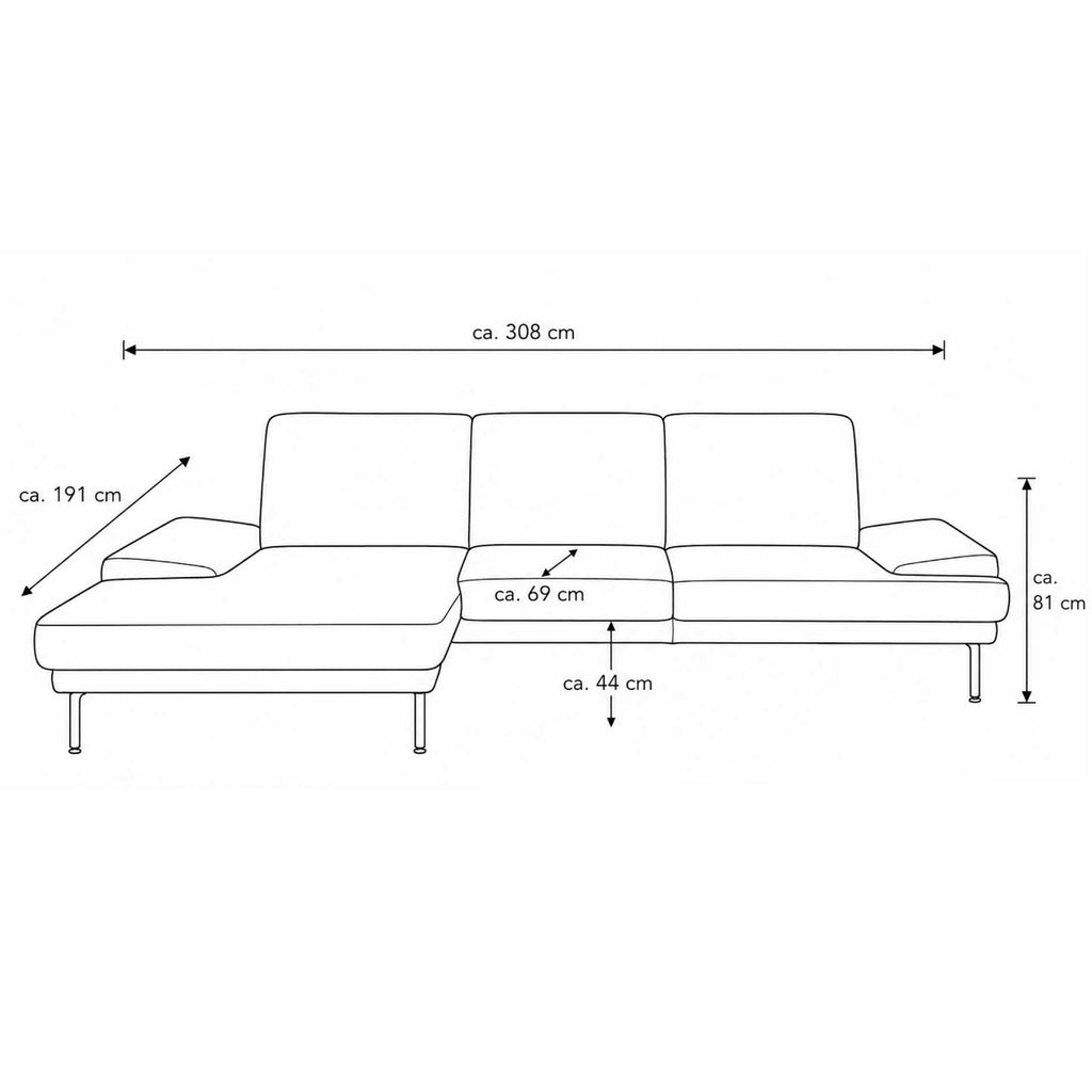 Steinpol IL Ecksofa 4460: silberner Stoff, runde schwarze Metallfüße, Maße 308 × 191 × 81 cm, Sitzhöhe 44 cm.