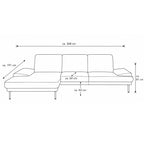 Steinpol IL Ecksofa 4460: silberner Stoff, runde schwarze Metallfüße, Maße 308 × 191 × 81 cm, Sitzhöhe 44 cm.