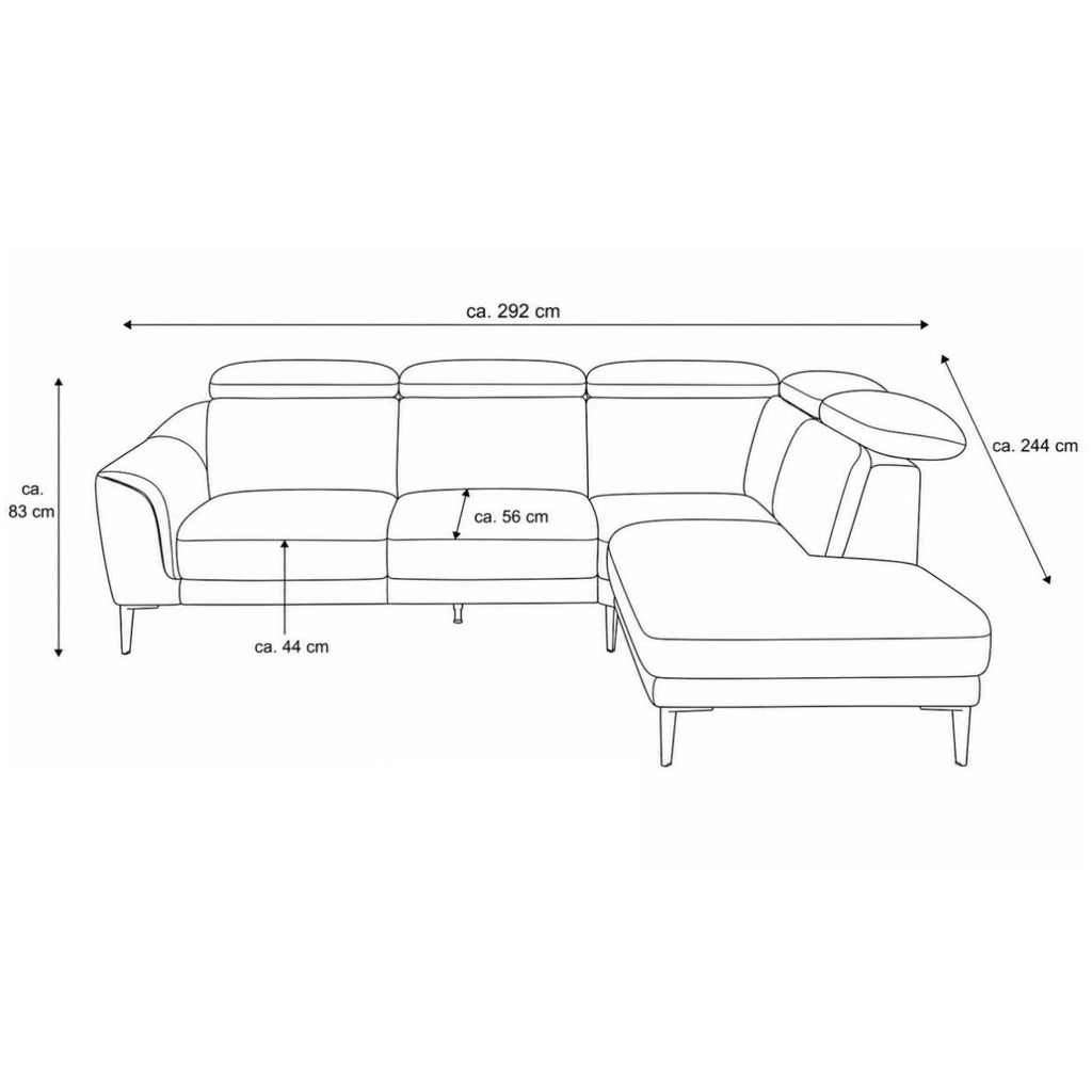 Strichzeichnung von Steinpol Polsteria | IL Leder-Ecksofa in Haselnussbraun, schwarze Metallfüße, mit Maßangaben.