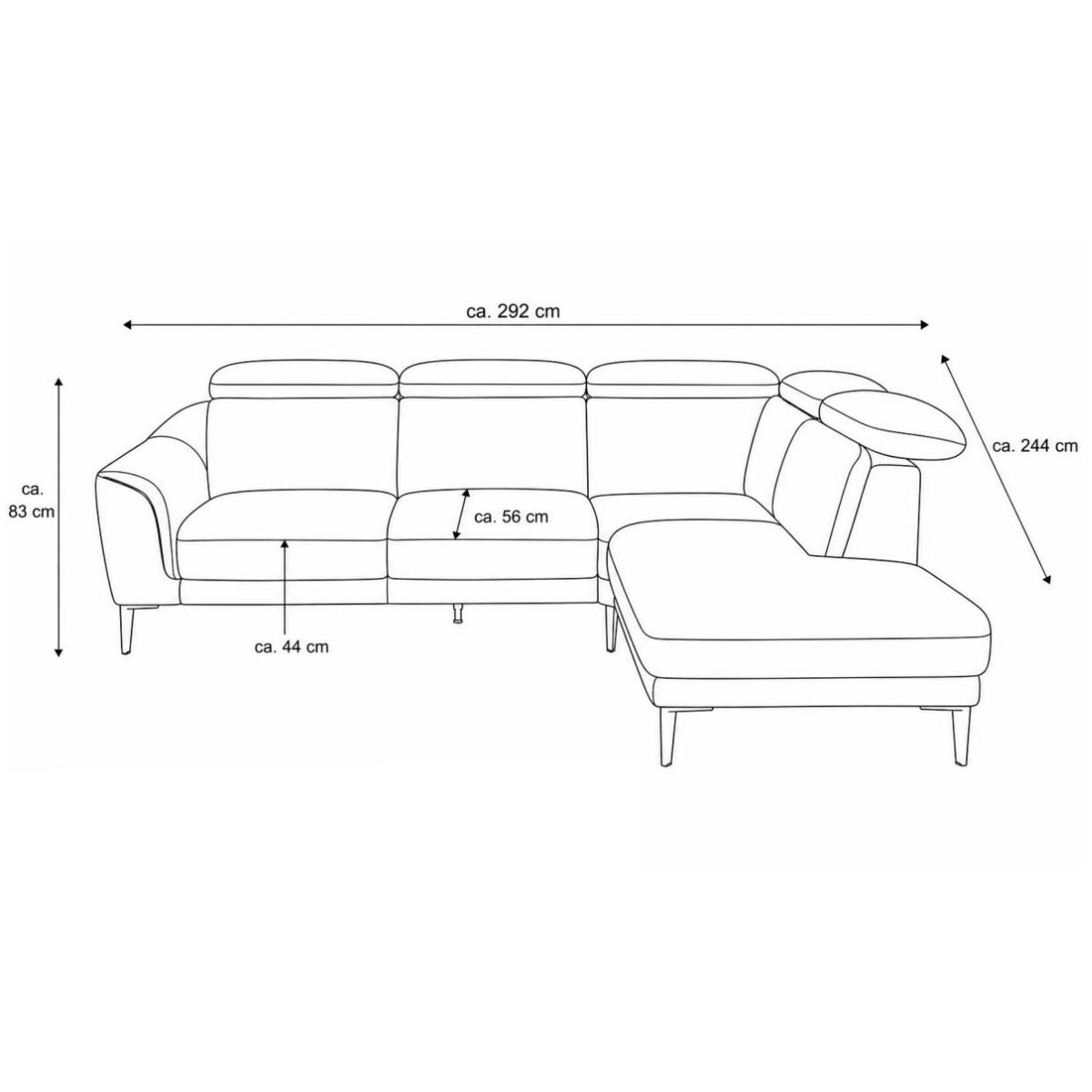 Strichzeichnung von Steinpol Polsteria | IL Leder-Ecksofa in Haselnussbraun, schwarze Metallfüße, mit Maßangaben.