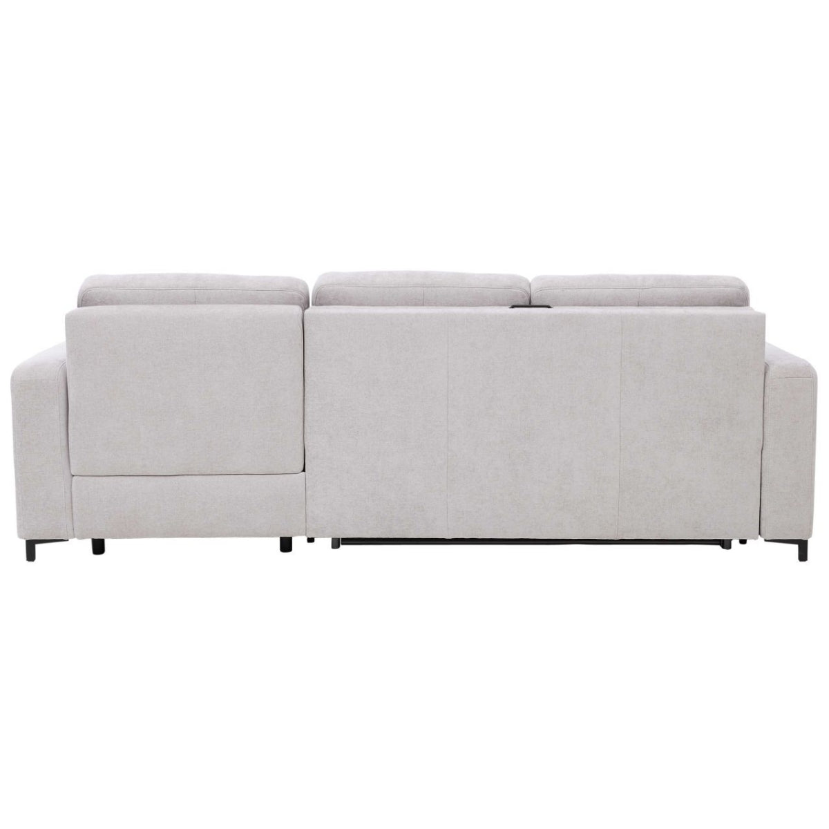Rückansicht der HUKLA® Interliving 4700 Eckkombination in der Farbe „Toni Silver“ mit 3 Kopfstützen, schlanken schwarzen Beinen und Thermo Cover Stretch-Bezug.