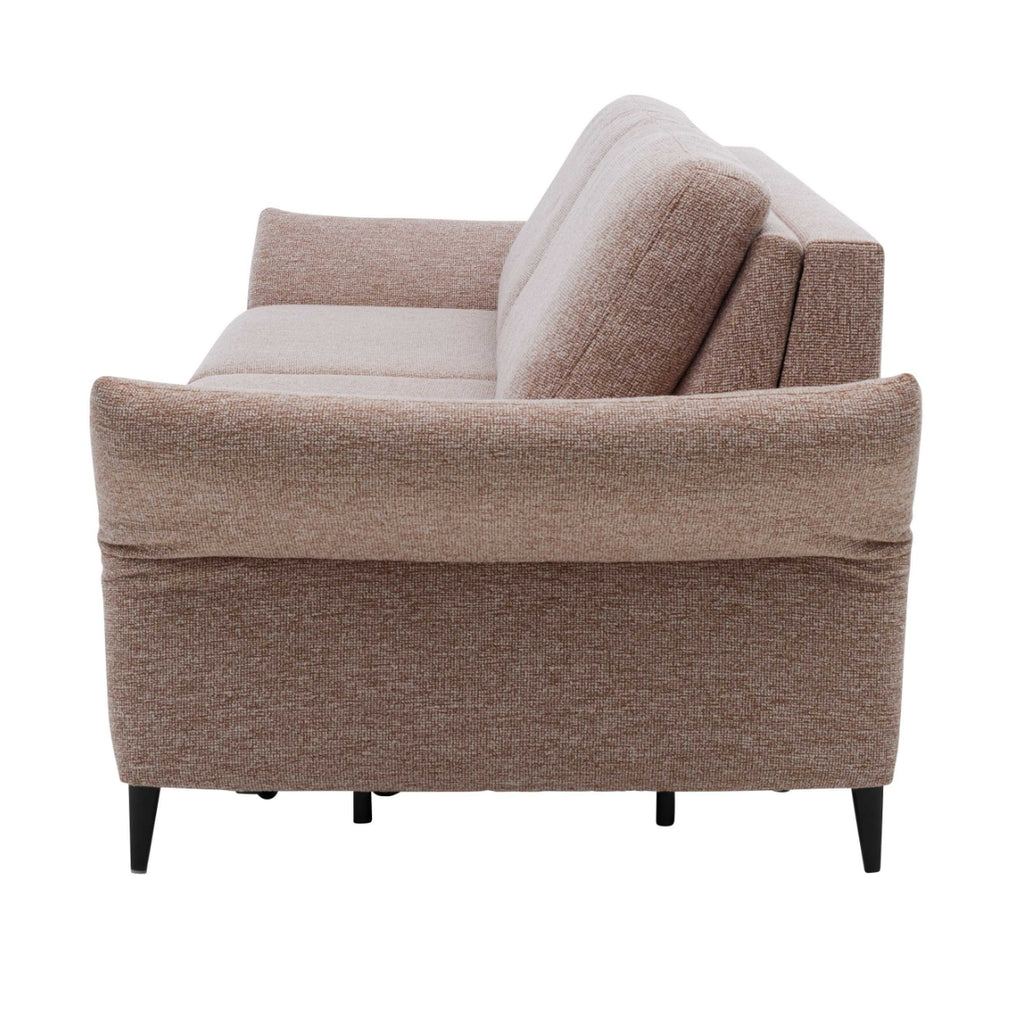 Seitenansicht des Sofas „HUKLA® Serie 4700 Längsschläfer“, beigefarbener Stoff „Loft Siena“, schwarze Aluminiumbeine, Sitzhöhe 50 cm.