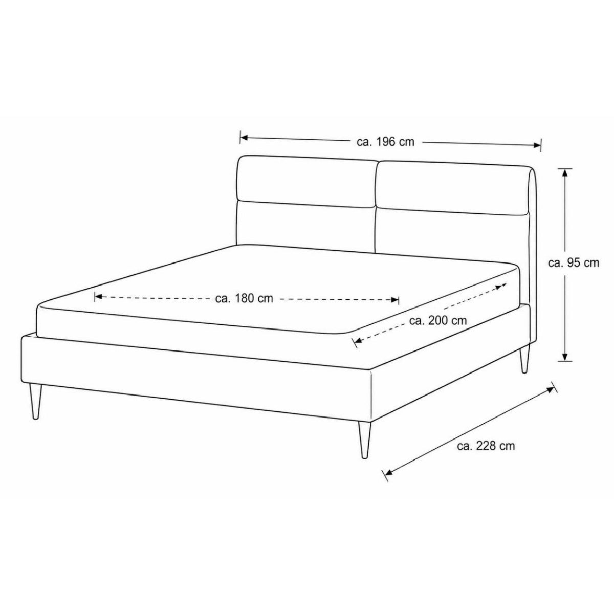 Strichzeichnung des HUKLA® Comfortbetten Interliving Serie 1416 Polsterbetts 180 × 200 cm, Höhe 95 cm, Kama Natur.