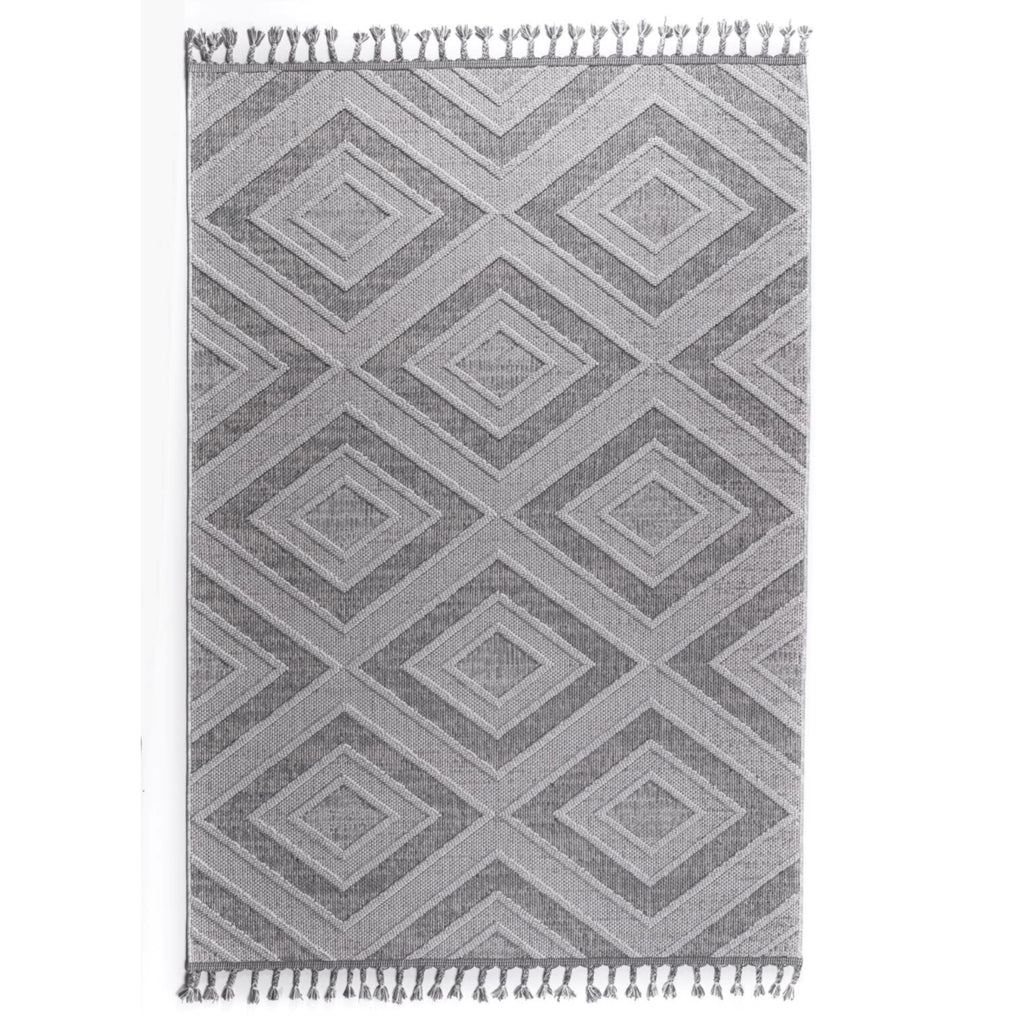 GOLZE | IL Interliving G-8010 Grau-Weißer Outdoor-Teppich, modernes geometrisches Muster, dekorative Fransen, verschiedene Größen.