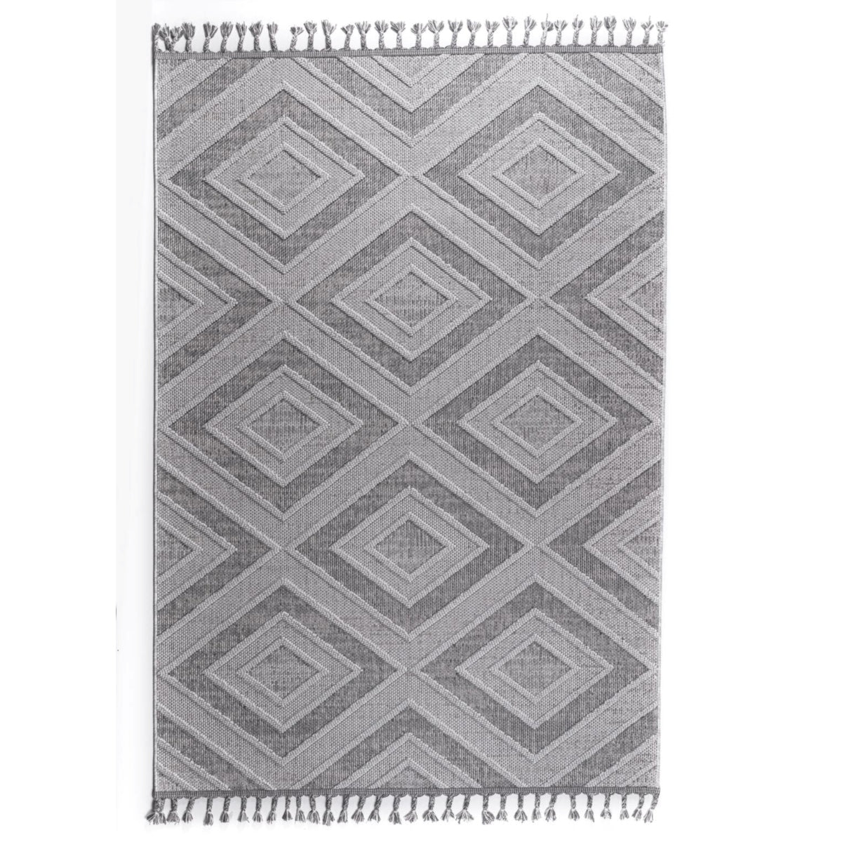 GOLZE | IL Interliving G-8010 Grau-Weißer Outdoor-Teppich, modernes geometrisches Muster, dekorative Fransen, verschiedene Größen.
