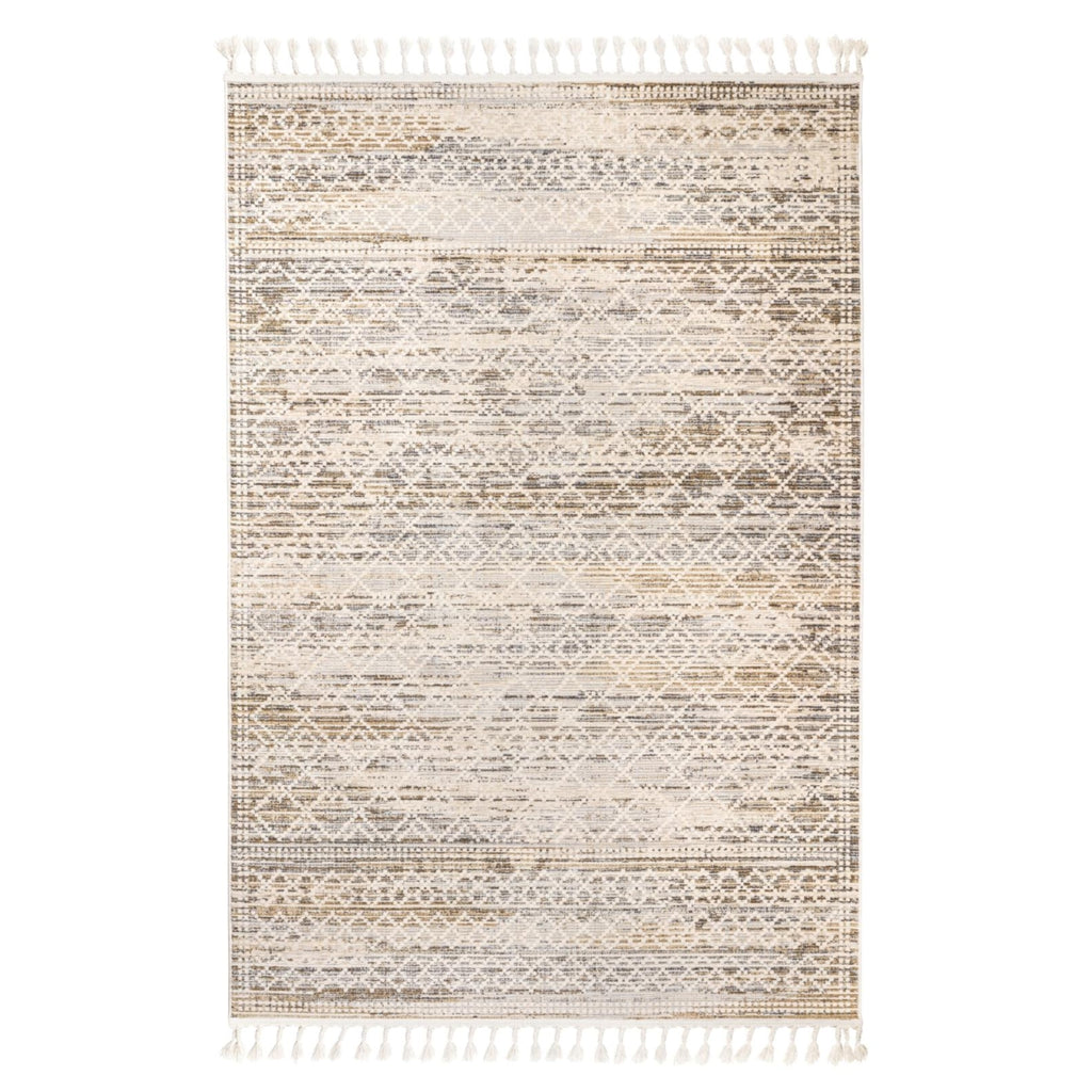 Flachgewebter Teppich in Beige- und Cremetönen mit feinem Rautenmuster und Fransen, GOLZE | IL, verschiedene Größen.