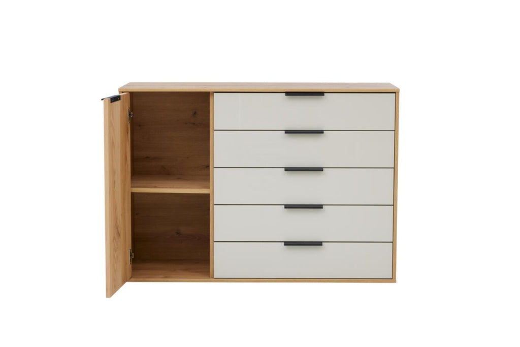 Kommode mit Hochglanzfronten in Beige-Grau und Korpus in Eiche-Optik
