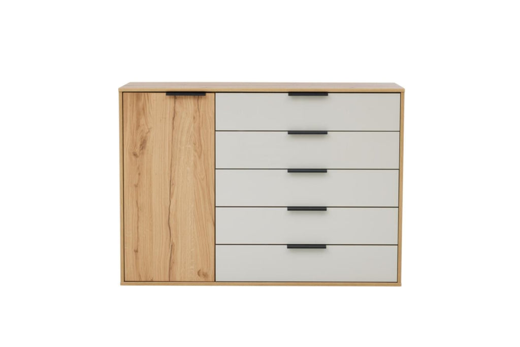 Kommode mit Hochglanzfronten in Beige-Grau und Korpus in Eiche-Optik