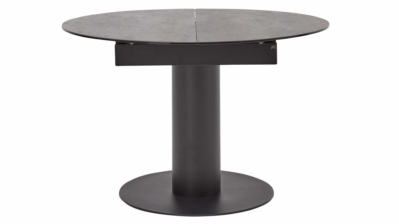 Interliving Serie 5104, Runder Esstisch mit dunkelgrauer Tischplatte im Industrial-Stil, schwarzem Metallgestell und Auszug