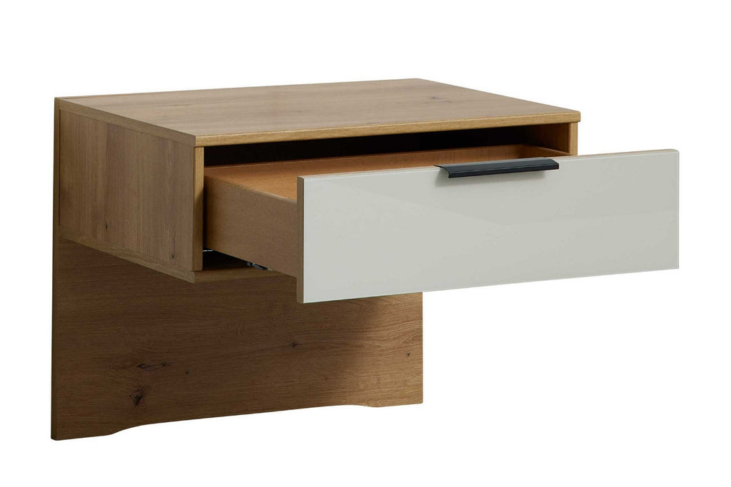 Komplettes Schlafzimmer in Beige-Grau mit heller Eiche