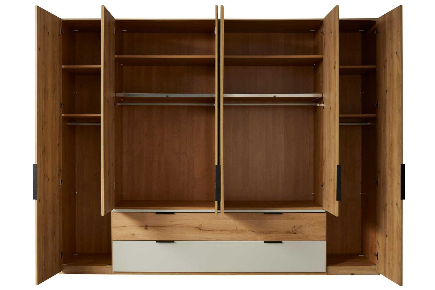 Kleiderschrank mit beige-grauen Glasfronten, Eiche-Dekor und praktischen Schubladen
