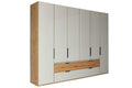Kleiderschrank mit beige-grauen Glasfronten, Eiche-Dekor und praktischen Schubladen