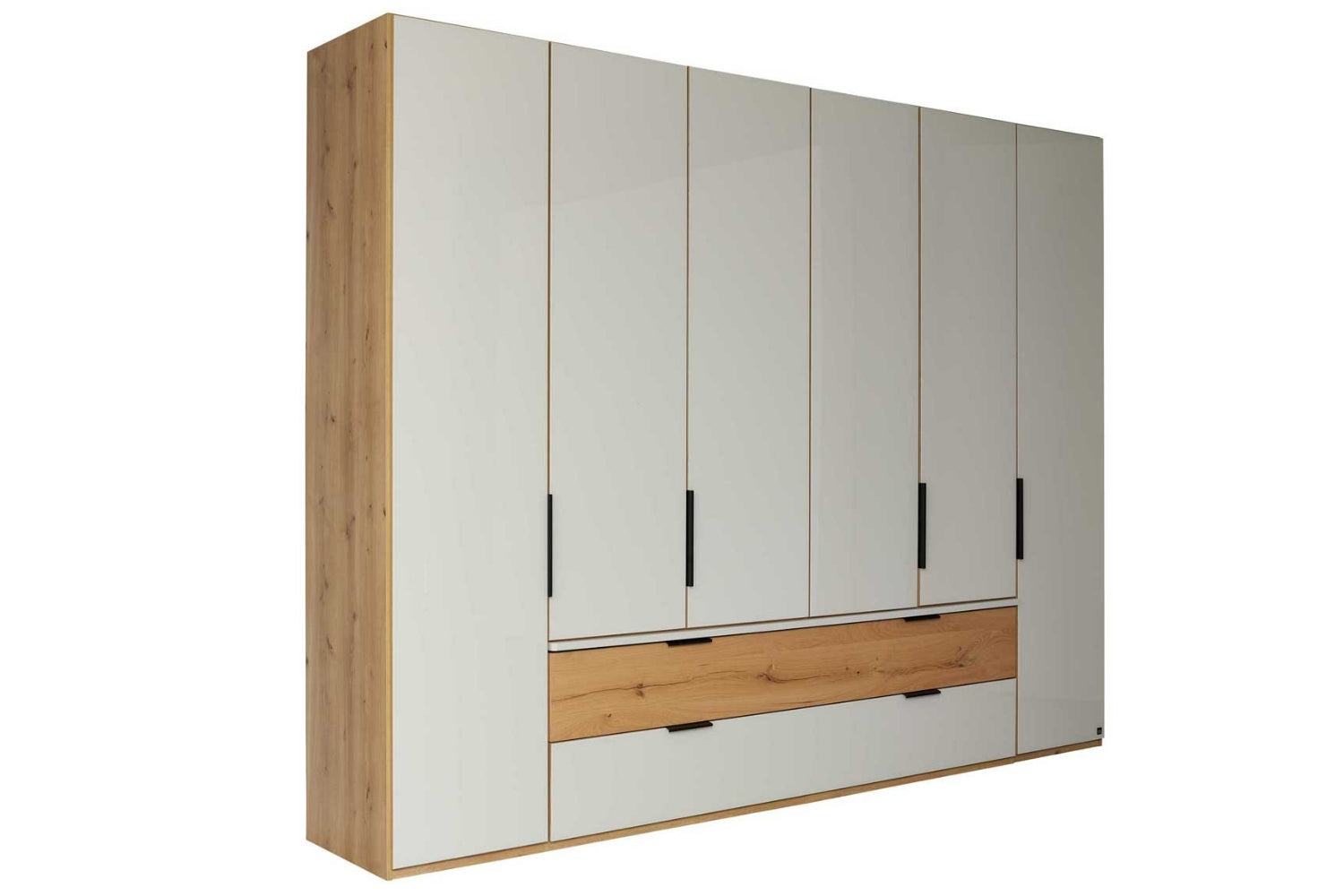 Kleiderschrank mit beige-grauen Glasfronten, Eiche-Dekor und praktischen Schubladen