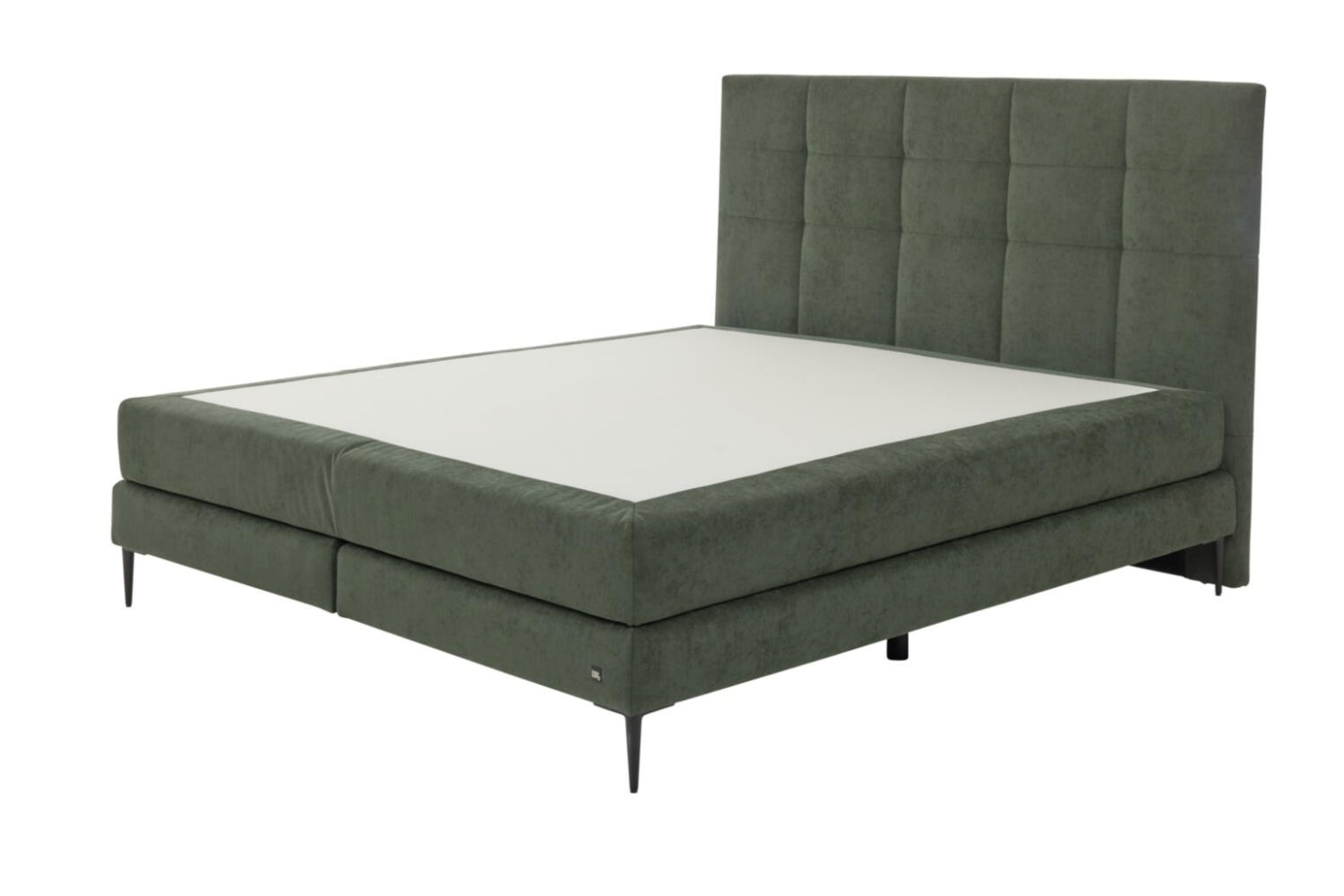Boxspringbett mit moosgrünem Bezug und schwarzen Metallfüßen