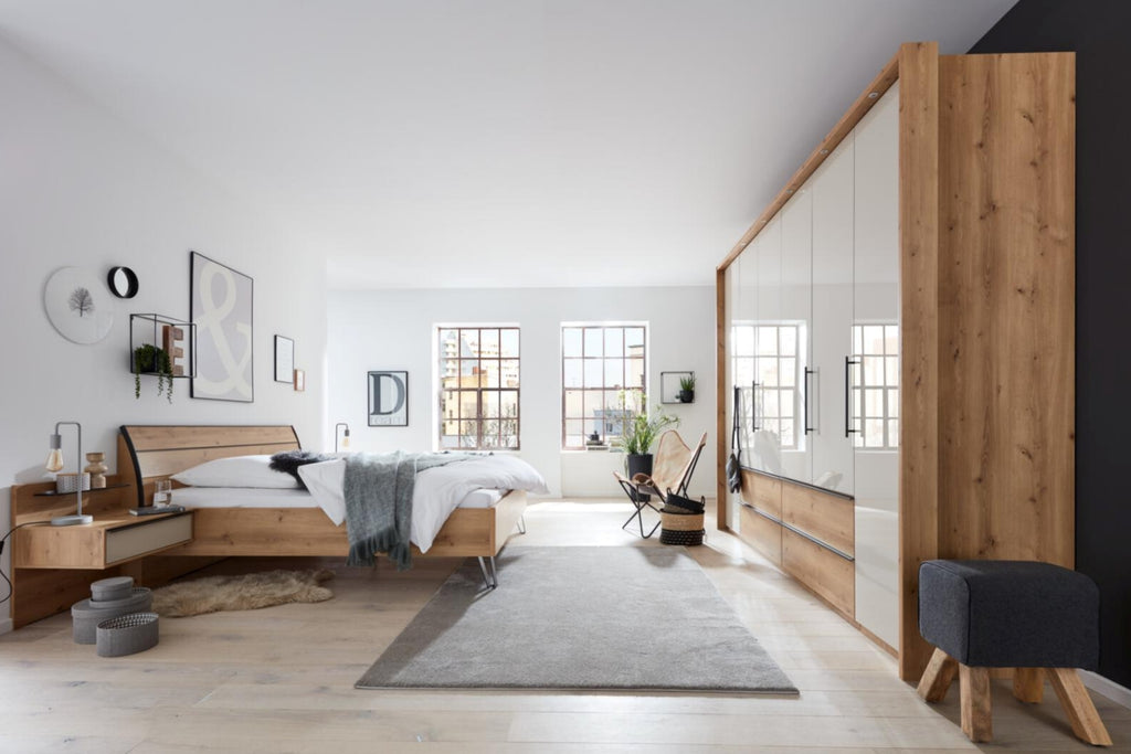 Drehtürenschrank 277468 in Beige-Grau mit Schubladen und Absetzung in Eiche-Nachbildung