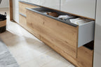 Drehtürenschrank 277468 in Beige-Grau mit Schubladen und Absetzung in Eiche-Nachbildung
