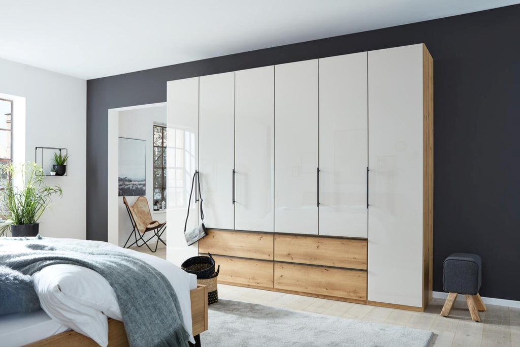 Drehtürenschrank 277468 in Beige-Grau mit Schubladen und Absetzung in Eiche-Nachbildung