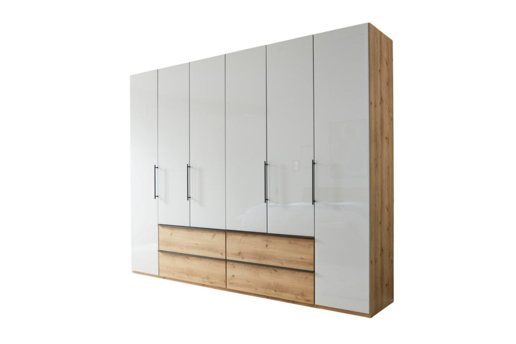 Drehtürenschrank 277468 in Beige-Grau mit Schubladen und Absetzung in Eiche-Nachbildung