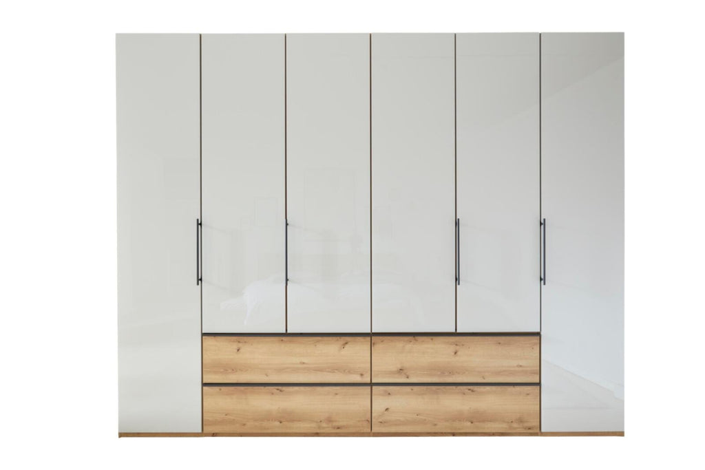 Drehtürenschrank 277468 in Beige-Grau mit Schubladen und Absetzung in Eiche-Nachbildung