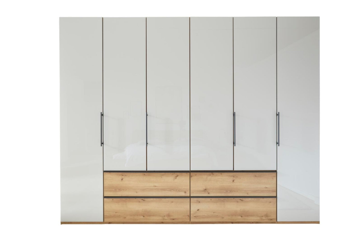 Drehtürenschrank 277468 in Beige-Grau mit Schubladen und Absetzung in Eiche-Nachbildung