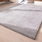 Eleganter hellgrauer Hochflor-Teppich von GOLZE | IL auf Holzboden, Sofaecke sichtbar, aus der Serie G-8080.
