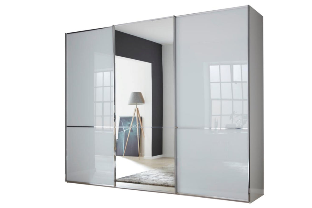 Schwebetürenschrank mit Glasfronten in Weiß und Spiegelelement