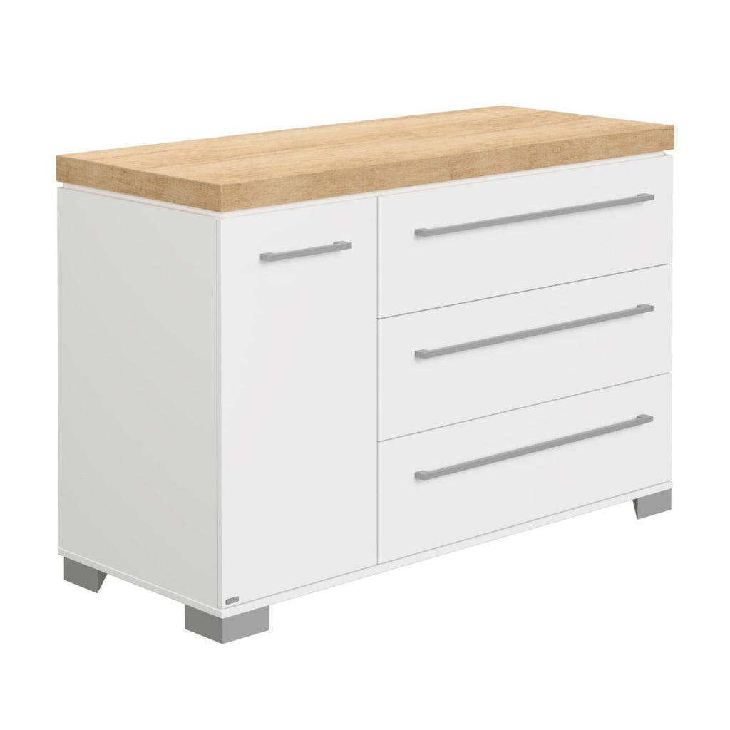 PAIDI Kira – weißes Sideboard mit 3 Schubladen, Schrank und Platte aus hellem Eichenholz – perfekt für Ihr Kinderzimmer. Marke: 0190.