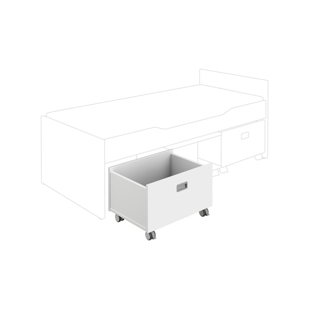 PAIDI Kira Rollbox ohne Sitzpolster, auf Rollen und in verschiedenen Farben, teilweise unter einem Bett hervorgezogen.