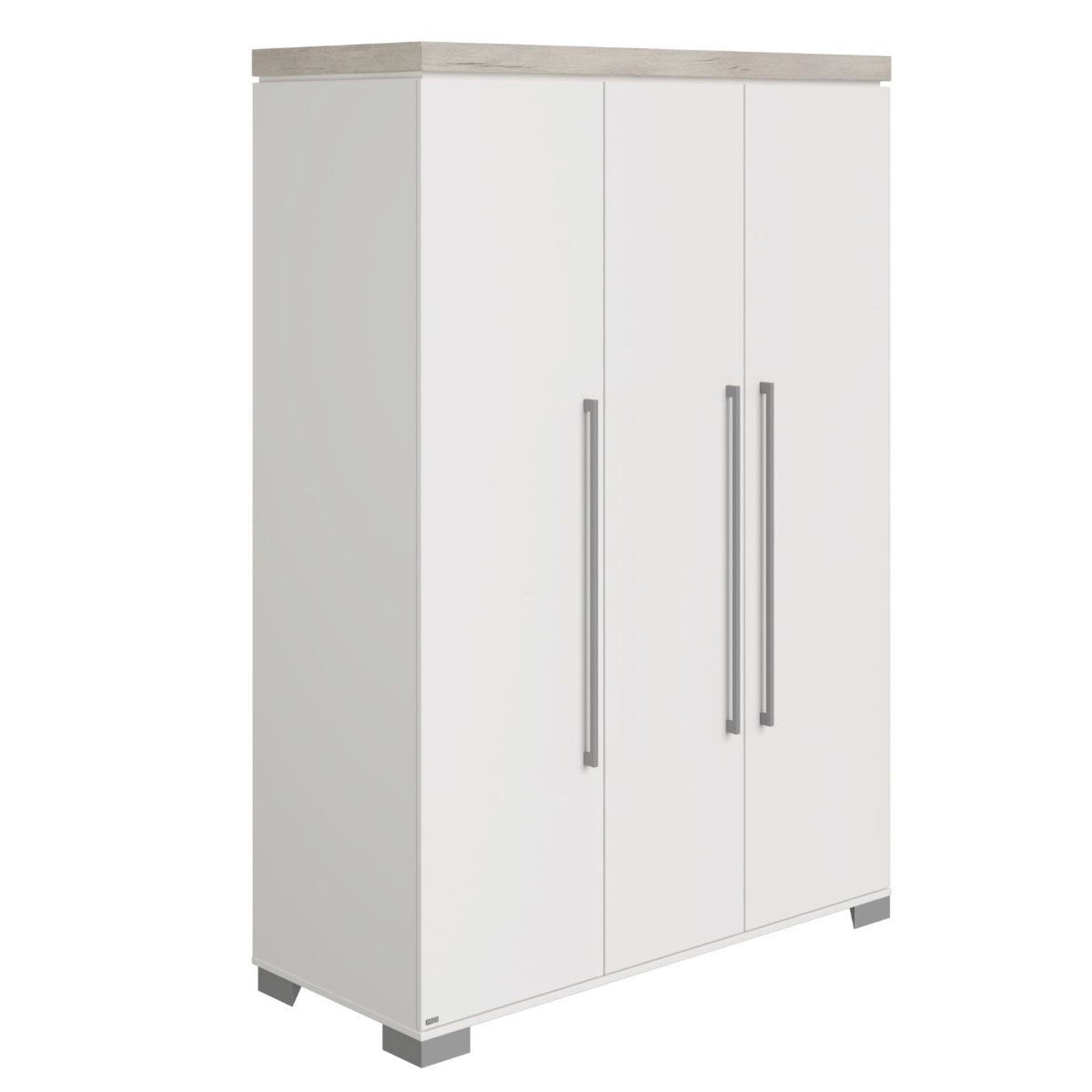 PAIDI Kira: 3-türiger Kleiderschrank, kreideweiß/Eiche-Dekor, lange Griffe, silberne Füße. Artikelnummer 0190.