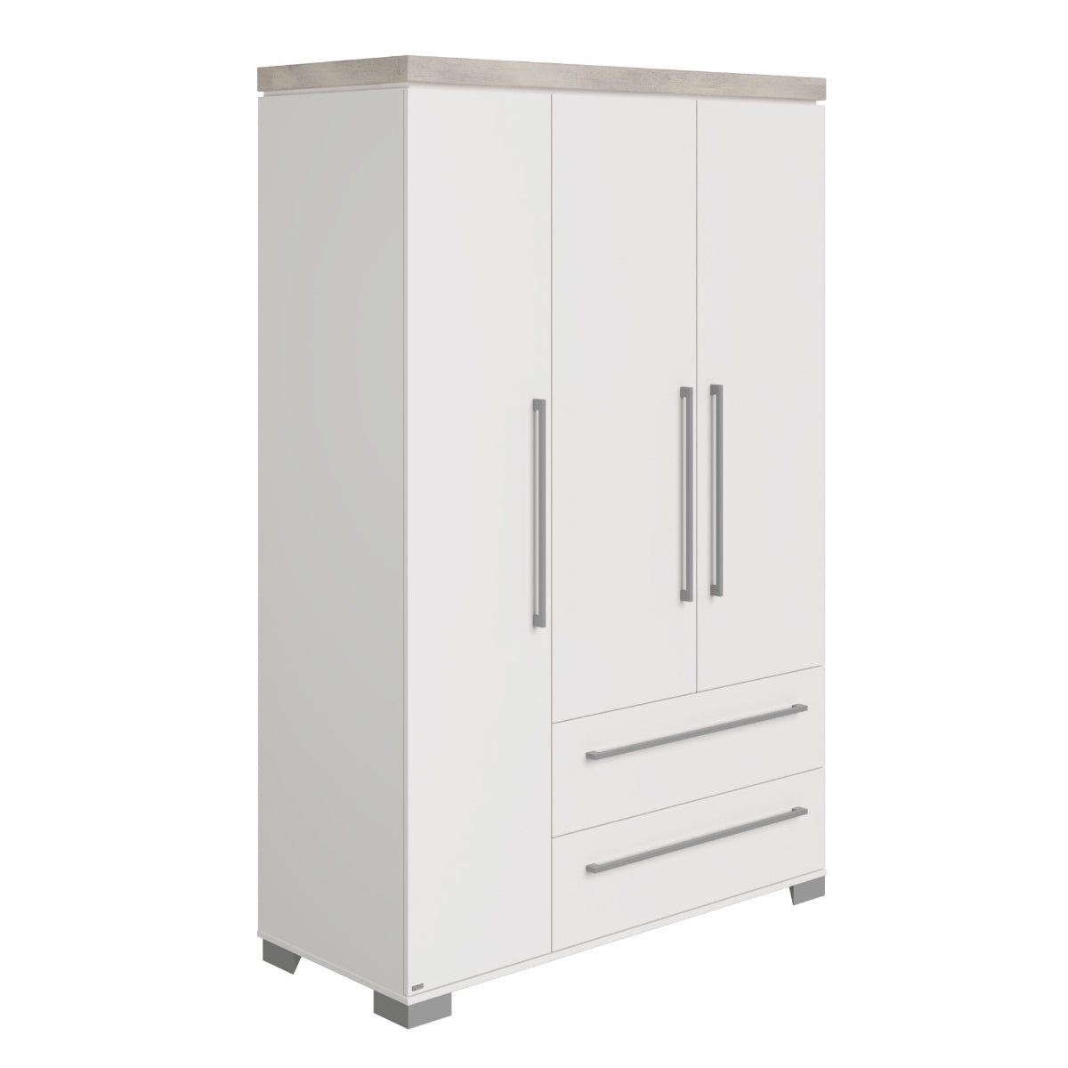 PAIDI Kira Kleiderschrank: kreideweiß, Eiche-Optik, 2 Türen, Schubladen, silberne Griffe, Oberseite aus hellem Holz, kurze Füße.