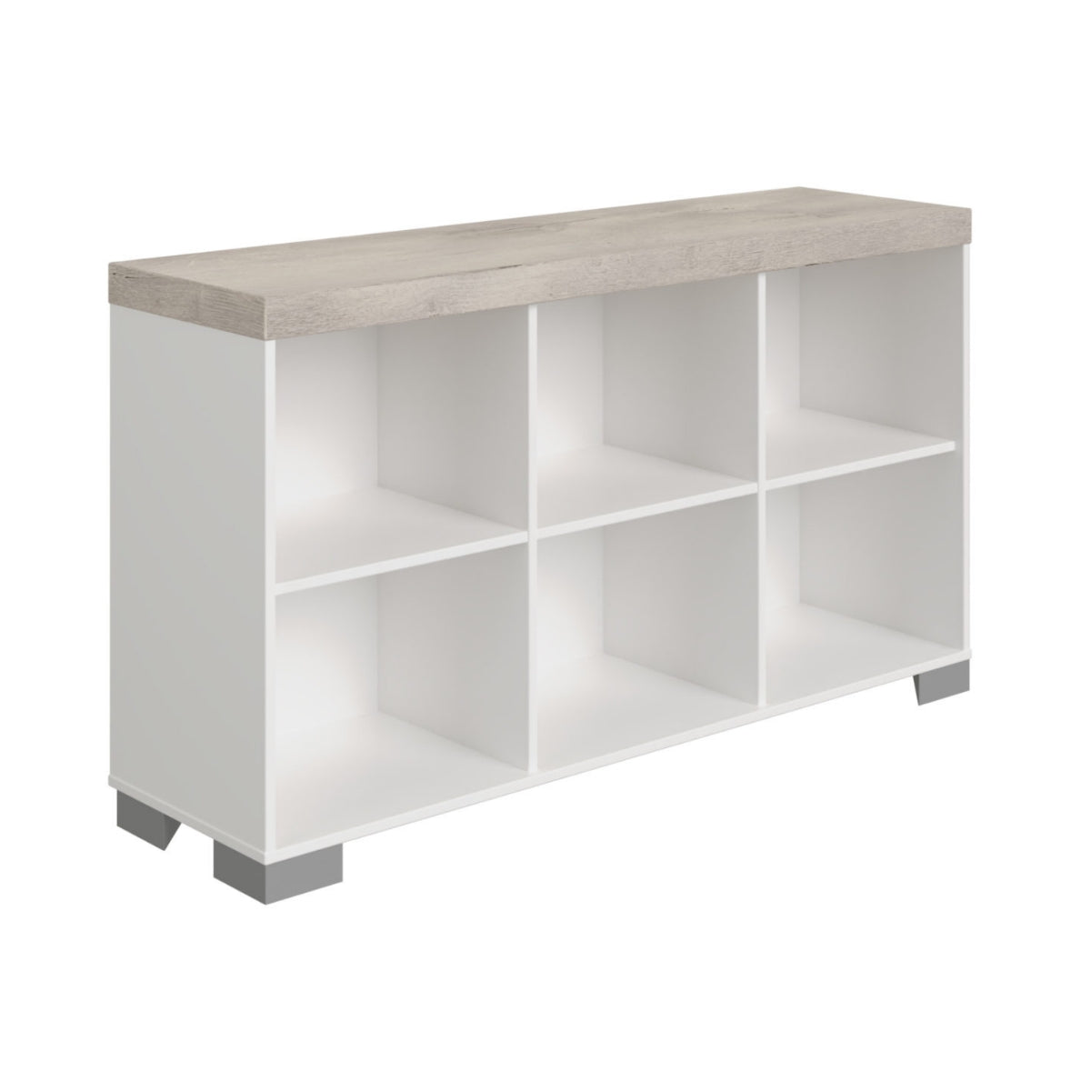 Das PAIDI Kira Sideboard in Kreideweiß/Eiche verfügt über 6 offene Fächer und eine Platte aus hellem Holz und bietet so flexible Aufbewahrungsmöglichkeiten in jedem Raum.