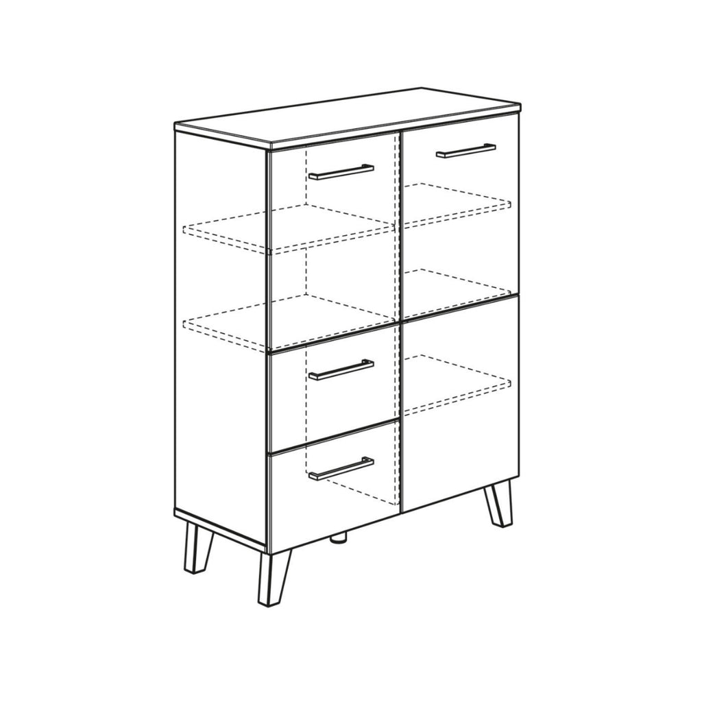 Strichzeichnung des PAIDI Oscar Highboard 135 570 4 mit vier Schubladen, zwei Einlegeböden und Beinen in Eiche-Optik.