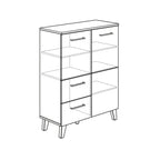 Strichzeichnung des PAIDI Oscar Highboard 135 570 4 mit vier Schubladen, zwei Einlegeböden und Beinen in Eiche-Optik.
