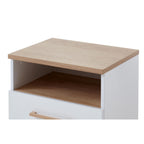 PAIDI Jugendzimmer-Serie „Oscar“ Nachttisch: weiß, Holzplatte, offenes Regal und Schublade mit Holzgriff.