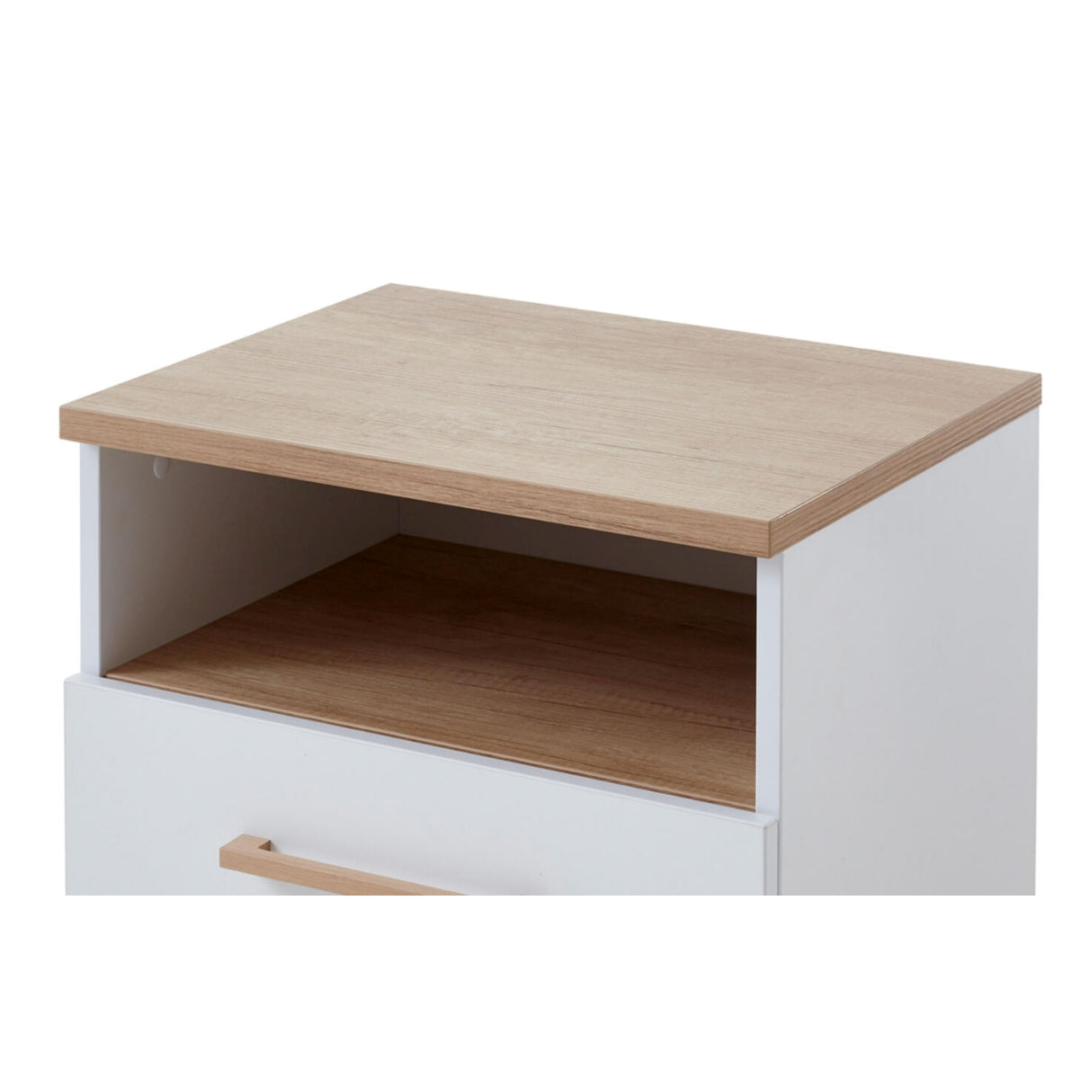 PAIDI Jugendzimmer-Serie „Oscar“ Nachttisch: weiß, Holzplatte, offenes Regal und Schublade mit Holzgriff.