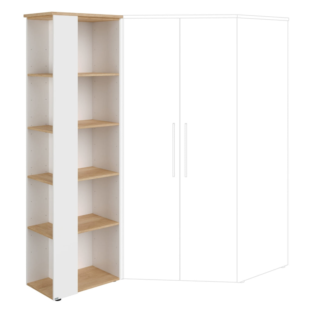Hoher Schrank aus Nebraska-Eiche mit 5 Einlegeböden, daneben PAIDI Oscar – Garderobe 135 670 4, Ausführung in Melaminoberflächen.