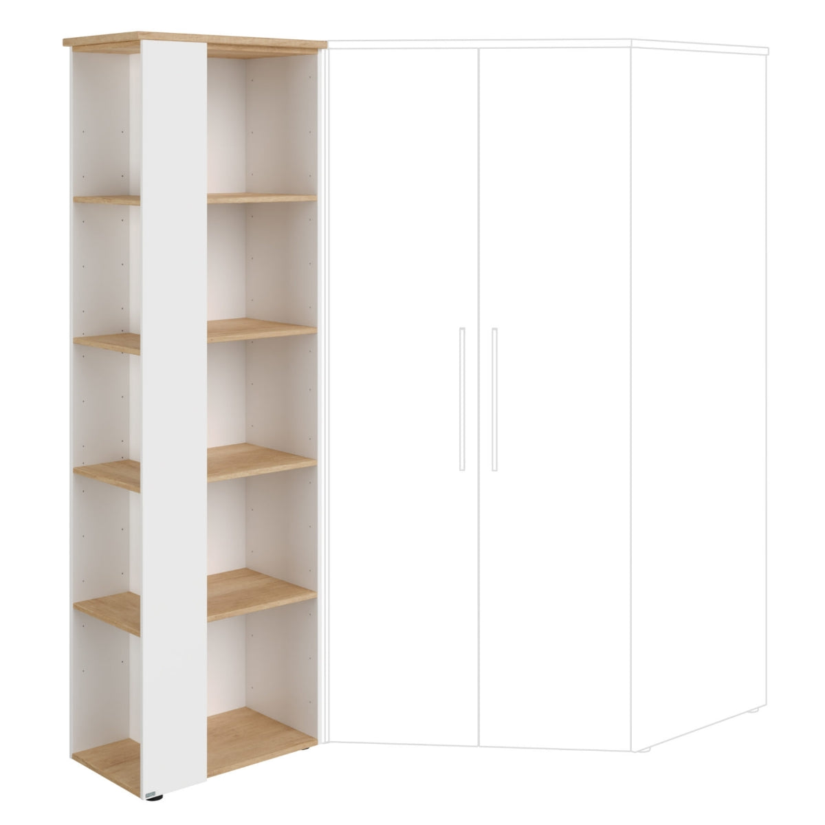 Hoher Schrank aus Nebraska-Eiche mit 5 Einlegeböden, daneben PAIDI Oscar – Garderobe 135 670 4, Ausführung in Melaminoberflächen.