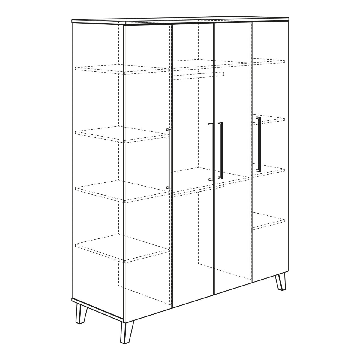 Strichzeichnung des PAIDI Oscar Kleiderschranks, ideal für Babyzimmer, mit Glastüren und schräg zulaufenden Beinen.
