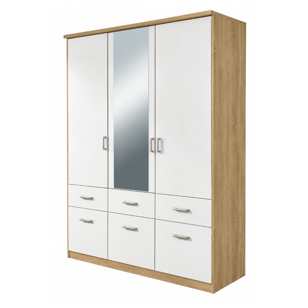Rauch BLUE Kleiderschrank Bremen mit weißen dreitürigen Fronten, einem Spiegel in der Mitte, vier unteren Schubladen und einem Rahmen aus hellem Holz.