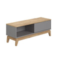 PAIDI Jugendzimmer-Lowboard „Sten“ aus massiver Eiche, schiefergrau, offenes Regal, schräge Beine, weißer Hintergrund.