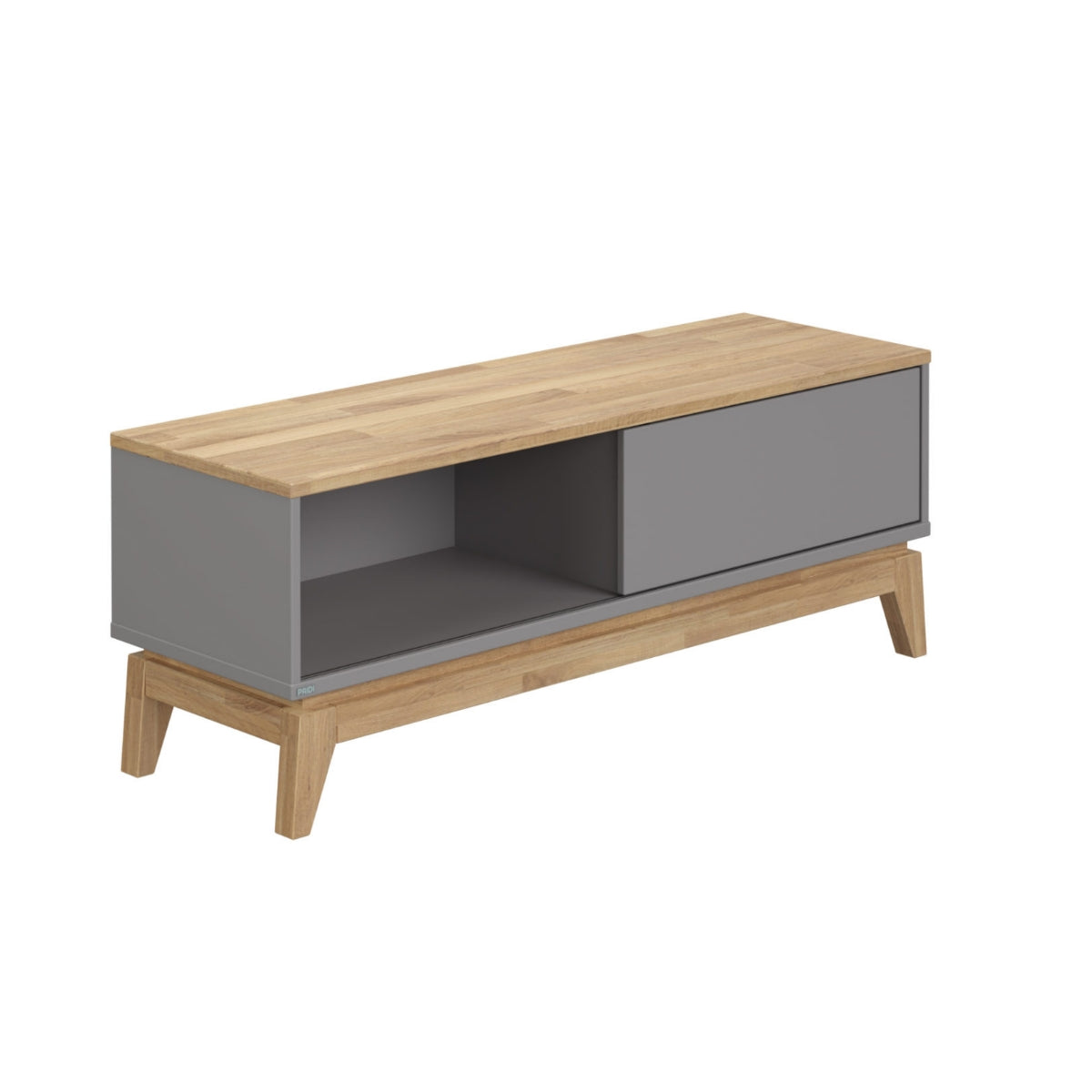 PAIDI Jugendzimmer-Lowboard „Sten“ aus massiver Eiche, schiefergrau, offenes Regal, schräge Beine, weißer Hintergrund.