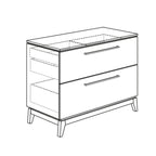 Strichzeichnung der PAIDI Babyzimmer Sten – Wickelkommode, die die langen Griffe und die schräg gestellten Eichenbeine von PAIDI zeigt.